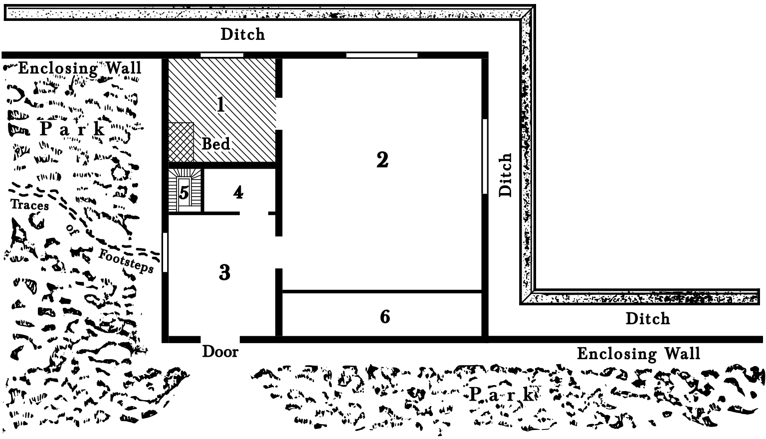 A ground plan of the pavilion, a     square building, situated such that its north and east sides     connect with a wall that encloses the surrounding park. The     building contains four rooms, labeled “1” through “4”. The front     door is in the southwest corner and leads into room 3. A door in     the north side of room 3 leads into room 4, a narrow room by a     staircase labeled “5”. Room 1 is in the northwest corner and     contains a bed in one corner. Room 2 fully occupies the right half     of the building. It has doors connecting to rooms 1 and 3, and     windows on the north and east walls. Against its south wall is a     rectangle labeled “6”. There is a trail of footsteps marked on the     plan, starting just outside a window in room 3 and leading off     into the park.