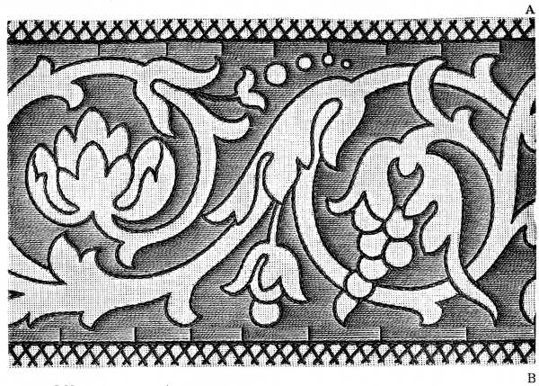 FIG. 216. BORDER, OUTLINED BY THE GROUNDING WORKED IN GOBELIN AND STEM STITCH. First part.