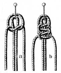 FIG. 522. & FIG. 523. KNOTTING ON THREADS WITH PICOT AND TWO FLAT DOUBLE KNOTS.