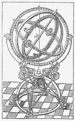 TYCHO'S EQUATORIAL ARMILLARY. (The meridian circle, E B C A D, made of solid steel, is nearly 6 ft. in diameter.)