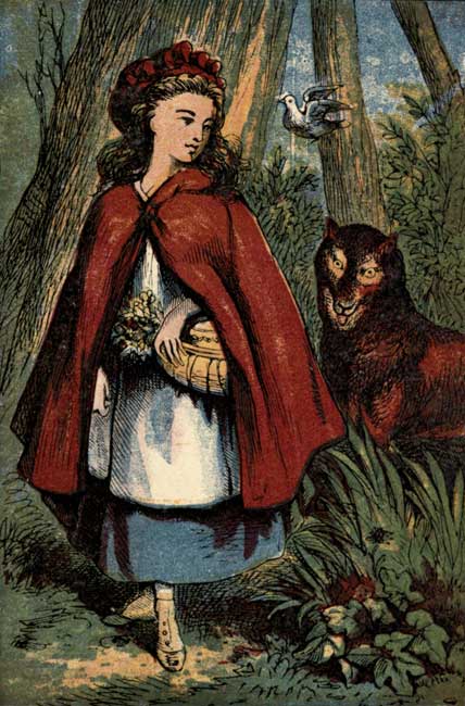 THE WOLF FOLLOWS LITTLE RED RIDING HOOD.