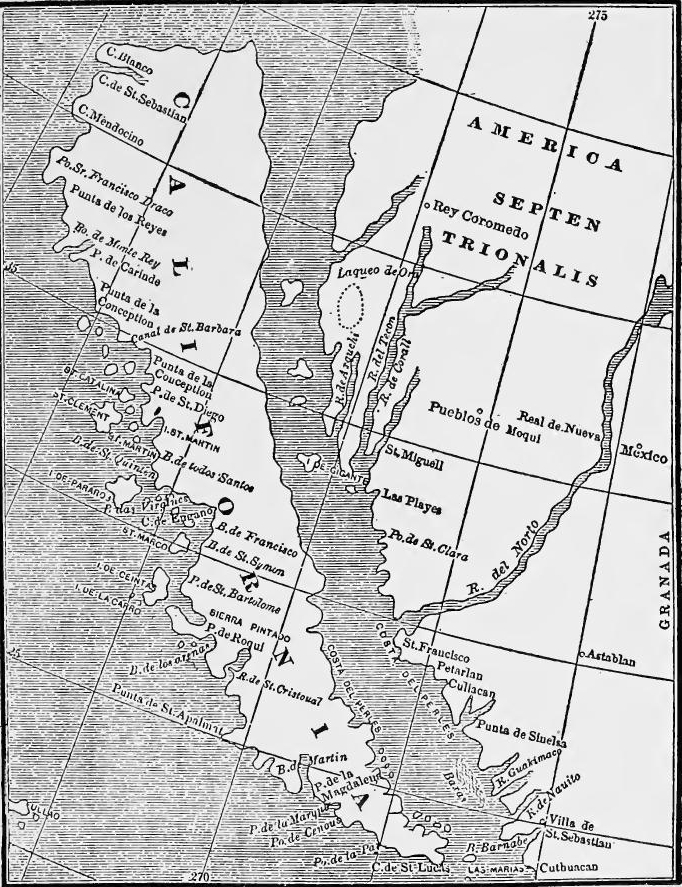 A Dutch Map Illustrating the Insular Theory of California's Geography (1624-1625). (From Bancroft, North Mexican States and Texas, I, 169).