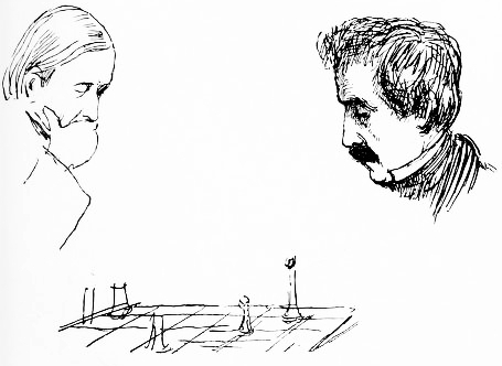 CHARLES HALLÉ AND MANUEL GARCIA PLAYING CHESS.  (Reproduced from an Original Sketch by Richard Doyle.)