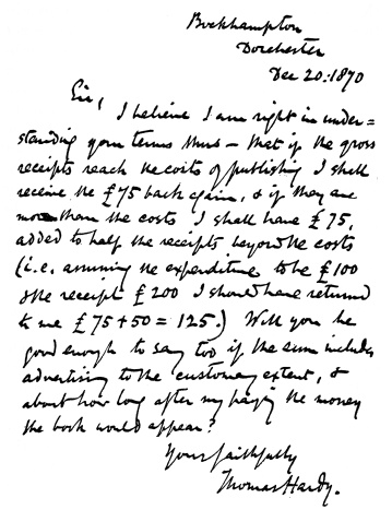 LETTER OF THOMAS HARDY TO HIS FIRST PUBLISHER, “OLD TINSLEY”  I paid five shillings for this letter many years ago, in London. Maggs, in his last catalogue, prices at fifteen guineas a much less interesting letter from Hardy to Arthur Symons, dated December 4, 1915, on the same subject.