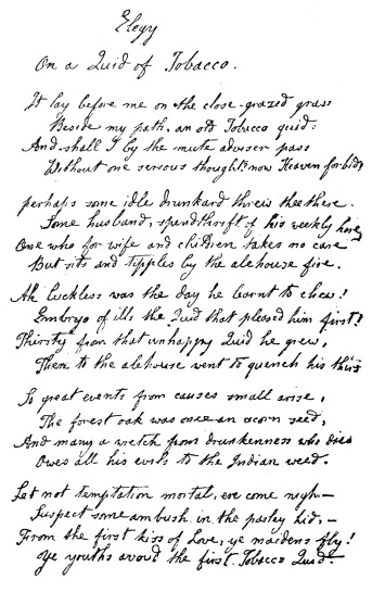 Autograph MS. of Lamb’s Poem, “Elegy on a Quid of Tobacco”