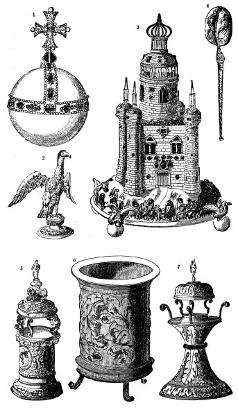 1. Imperial Orb. 2. Ampulla. 3. Golden Salt-Cellar of State. 4. Anointing Spoon. 5, 6, 7. State Salt-Cellars.