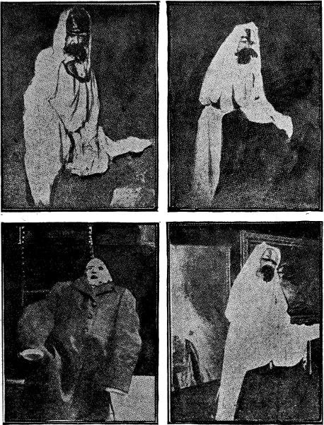 Famous Artist's Explanation of Scientific Ghost  Upper Row (left) Real Ghost. (right) Marx's Imitation. Lower Row (left) Fake Ghost & drawings by von Marx Showing Make up