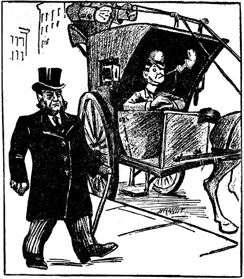 (Man in top hat walking next to man in buggy)