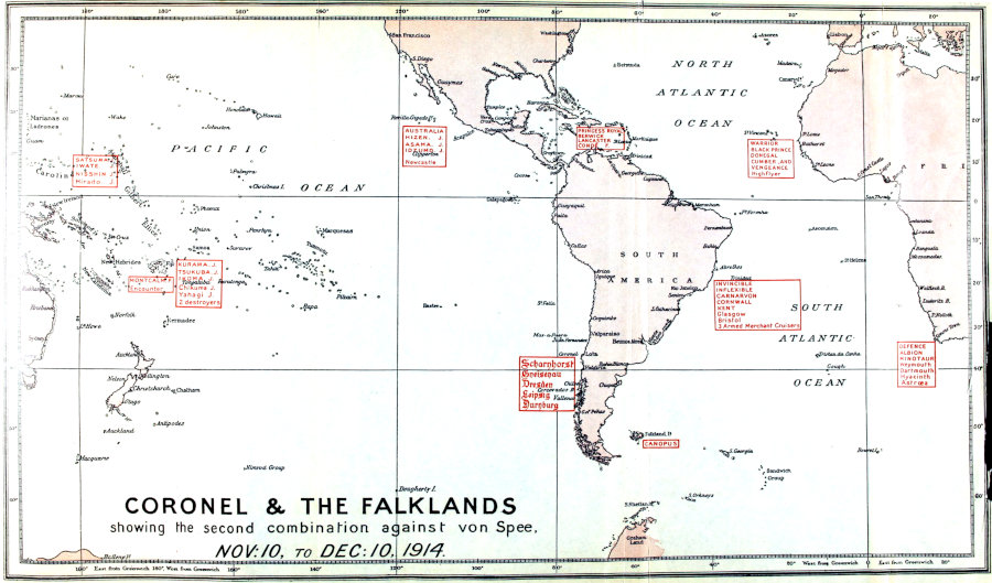 CORONEL & THE FALKLANDS showing the second combination against von Spee. _NOV: 10 to DEC: 10, 1914._